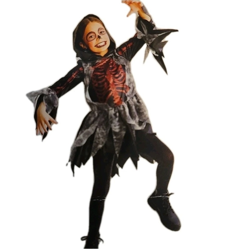 Red Glitter Skeleton Halloween Costume Dress NWT Kids Tattered Goth Hoodie 10-12